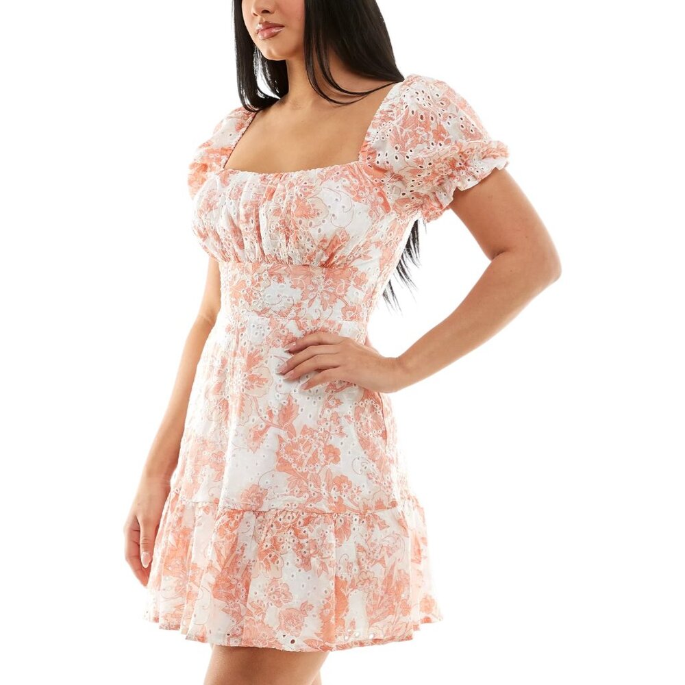 Coral Cream Floral Eyelet Dress w/Puff Sleeves, Flounce Hem - Size L